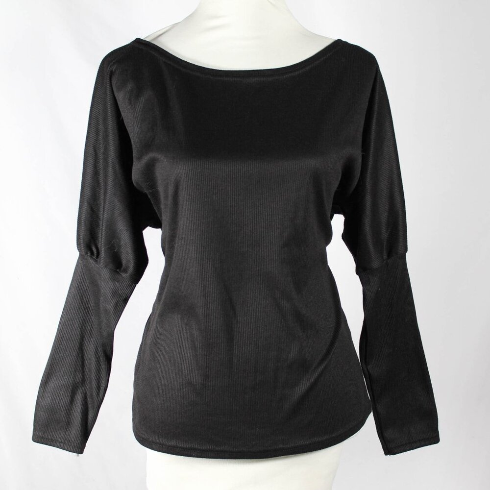 Black Ribbed Long Sleeve Top with Mutton Sleeves Boatneck